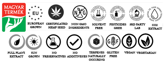 magyar termék, eu-s termék, fémzárolt kendermag, GMO mentes, adalékmentes, vegyszer mentes, co2 kivonat, teljes növényi kivonat, szántóföldön termesztett kender, vegán, vega élelmiszer